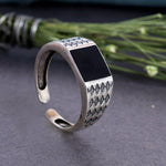 Load image into Gallery viewer, Oxidized Silver Adjustable Ring with Black Onyx Center | Men's Band