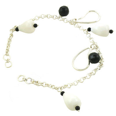 Silver Bead Chain Bracelet with White & Black Beads