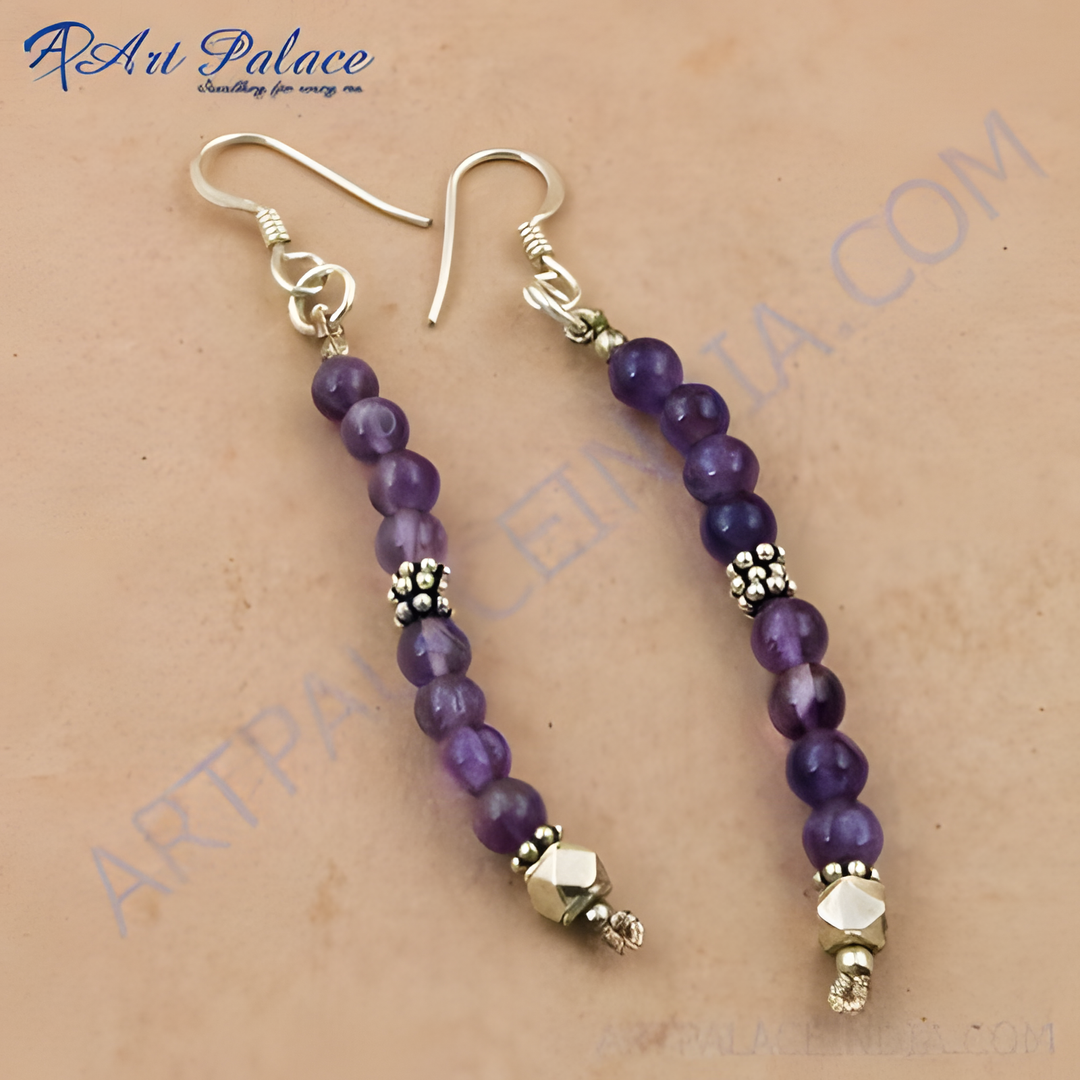 925 silver dangle earrings featuring purple amethyst gemstone beads.
