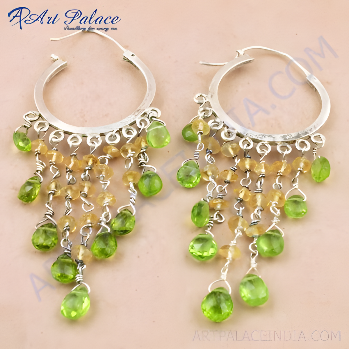 925 sterling silver chandelier earrings with green peridot and yellow citrine gemstones