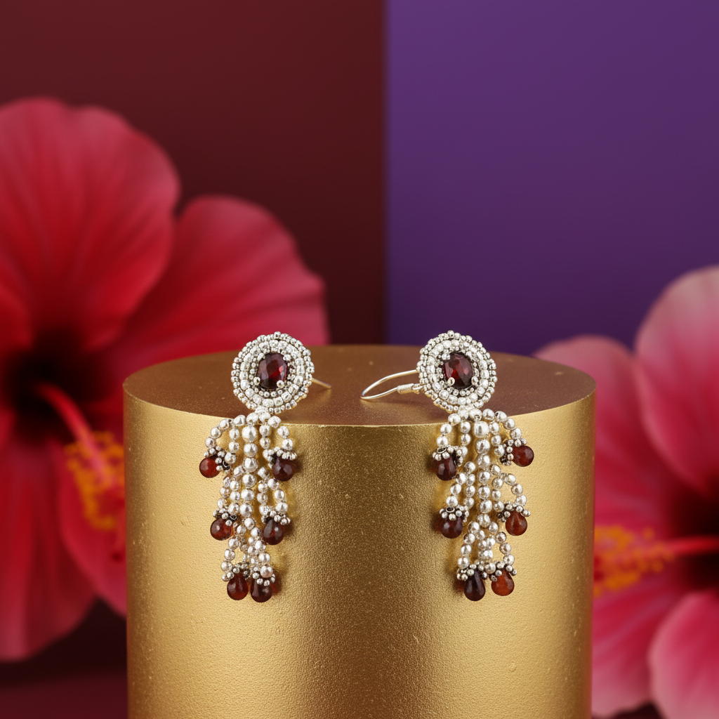 925 silver beaded drop earrings with garnet gemstones | women's jewelry