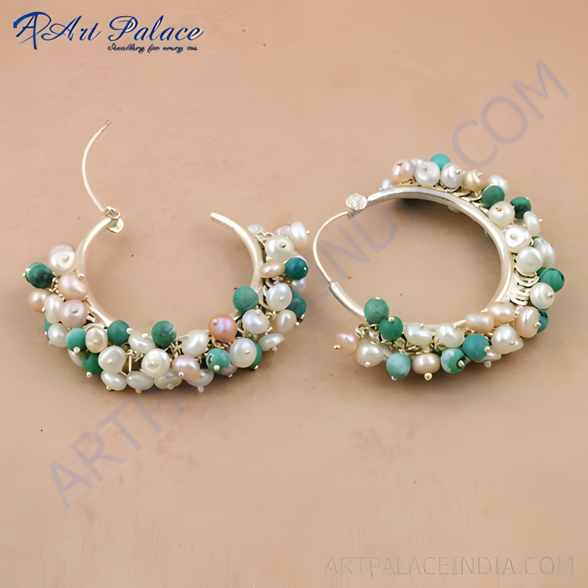 Silver hoop earrings with pearls and gemstones in teal and white colors