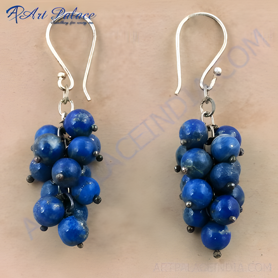 Sterling silver drop earrings featuring multiple lapis lazuli gemstone beads, deep blue color, stylish design.