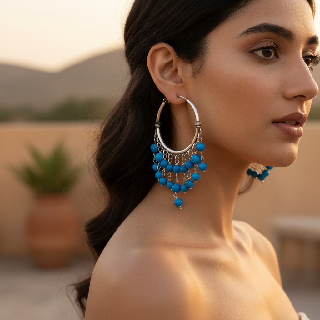 925 Silver Turquoise Bead Hoop Earrings for Women | Dangle Earrings