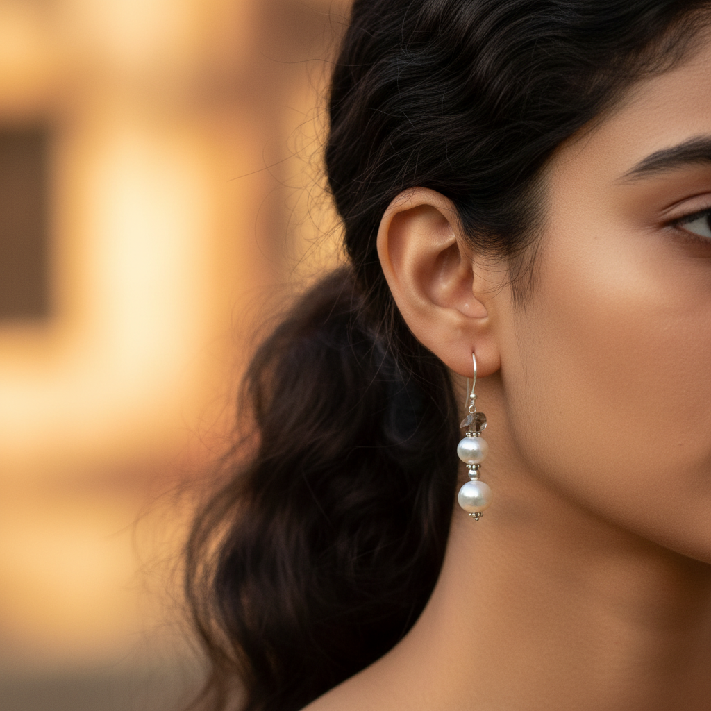 Silver pearl & gemstone drop earrings for women | dangle jewelry