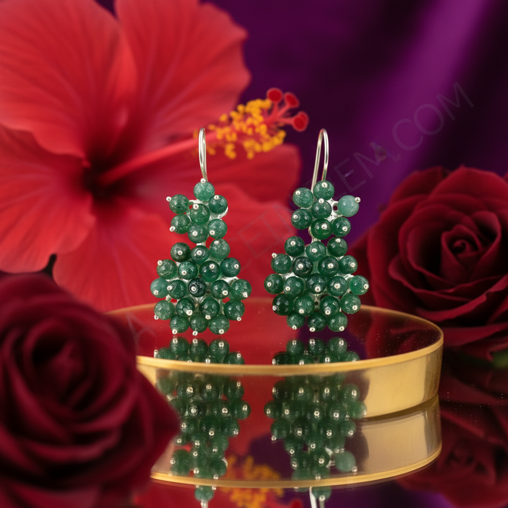 Green jade bead earrings for women | silver dangle jewelry