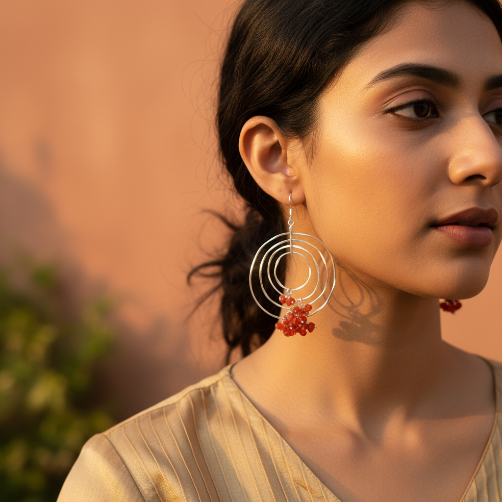 925 Sterling Silver Circle Earrings with Red Gemstones | For Women