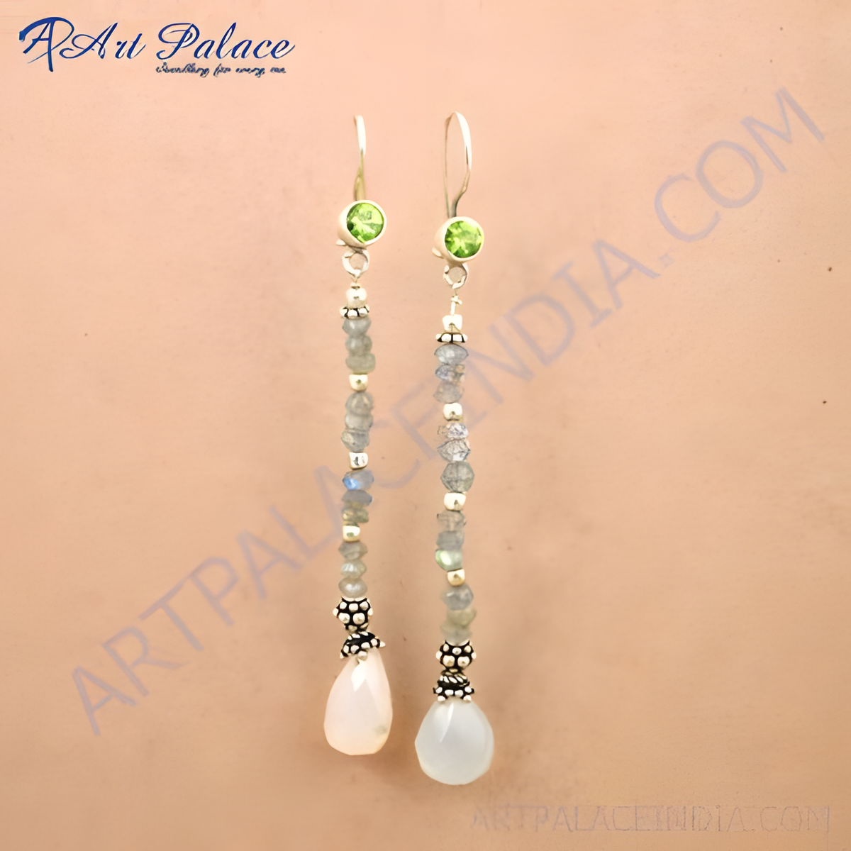 925 sterling silver drop earrings with peridot and moonstone gemstones, featuring a delicate beaded chain