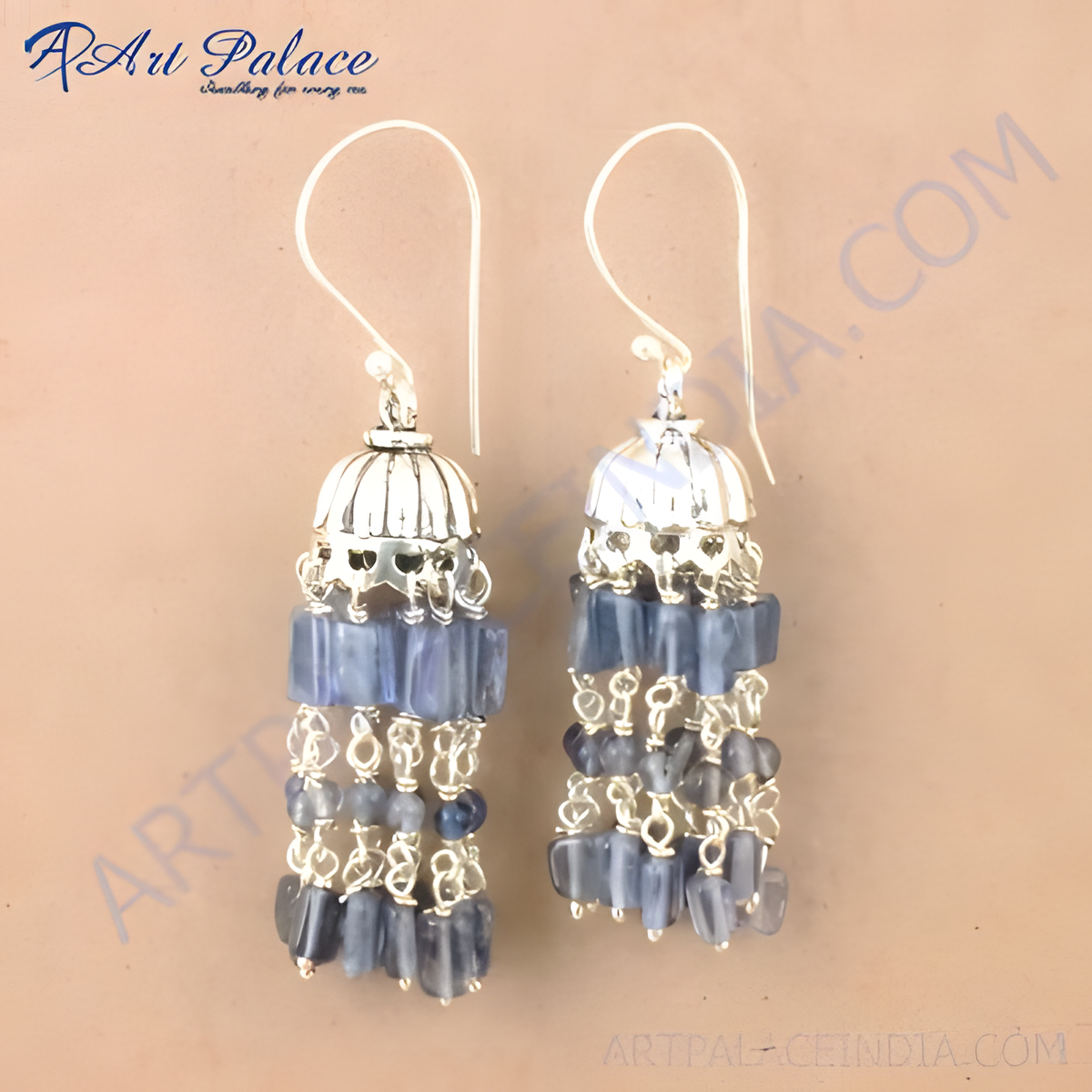 925 silver dangle earrings with blue gemstone tassel design