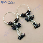 Load image into Gallery viewer, Sterling silver drop earrings featuring clusters of deep red and purple gemstones. Dangle style earrings with a hoop design.
