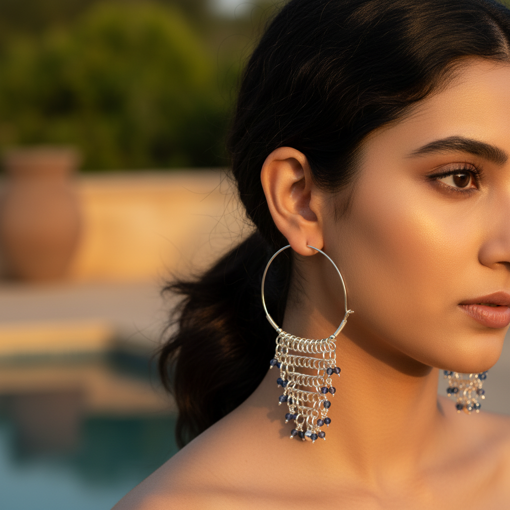 Silver Hoop Earrings with Blue Gemstones | Women's Jewelry Gift