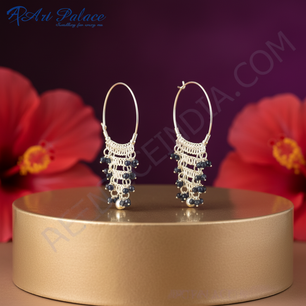 925 Silver Blue Gemstone Hoop Earrings for Women | Dangle