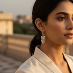 Load image into Gallery viewer, Silver Pearl &amp; Rose Quartz Earrings | Cluster Drop Earrings
