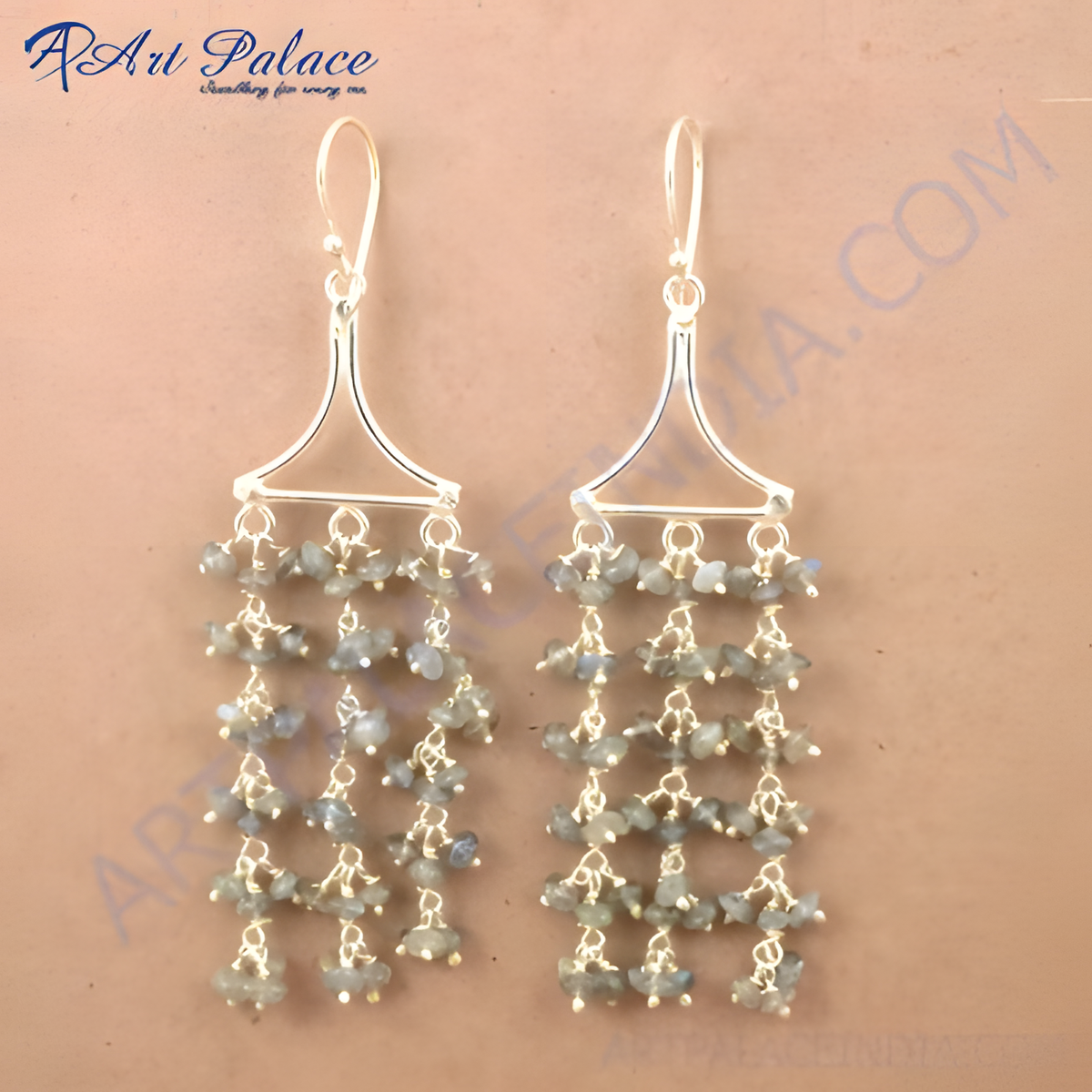 925 sterling silver drop earrings with multiple labradorite gemstone beads, featuring a silver hook