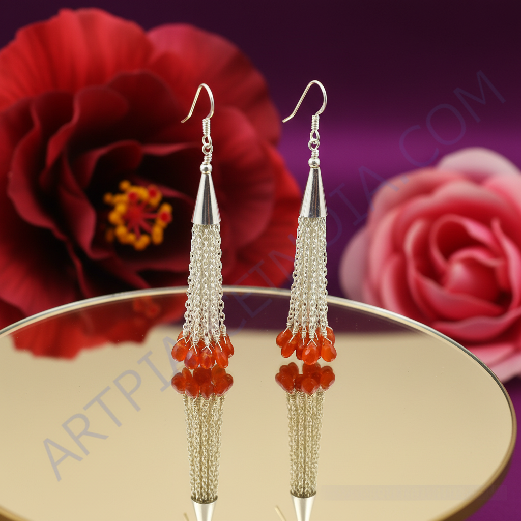 925 silver chain tassel earrings with orange gemstones | for women