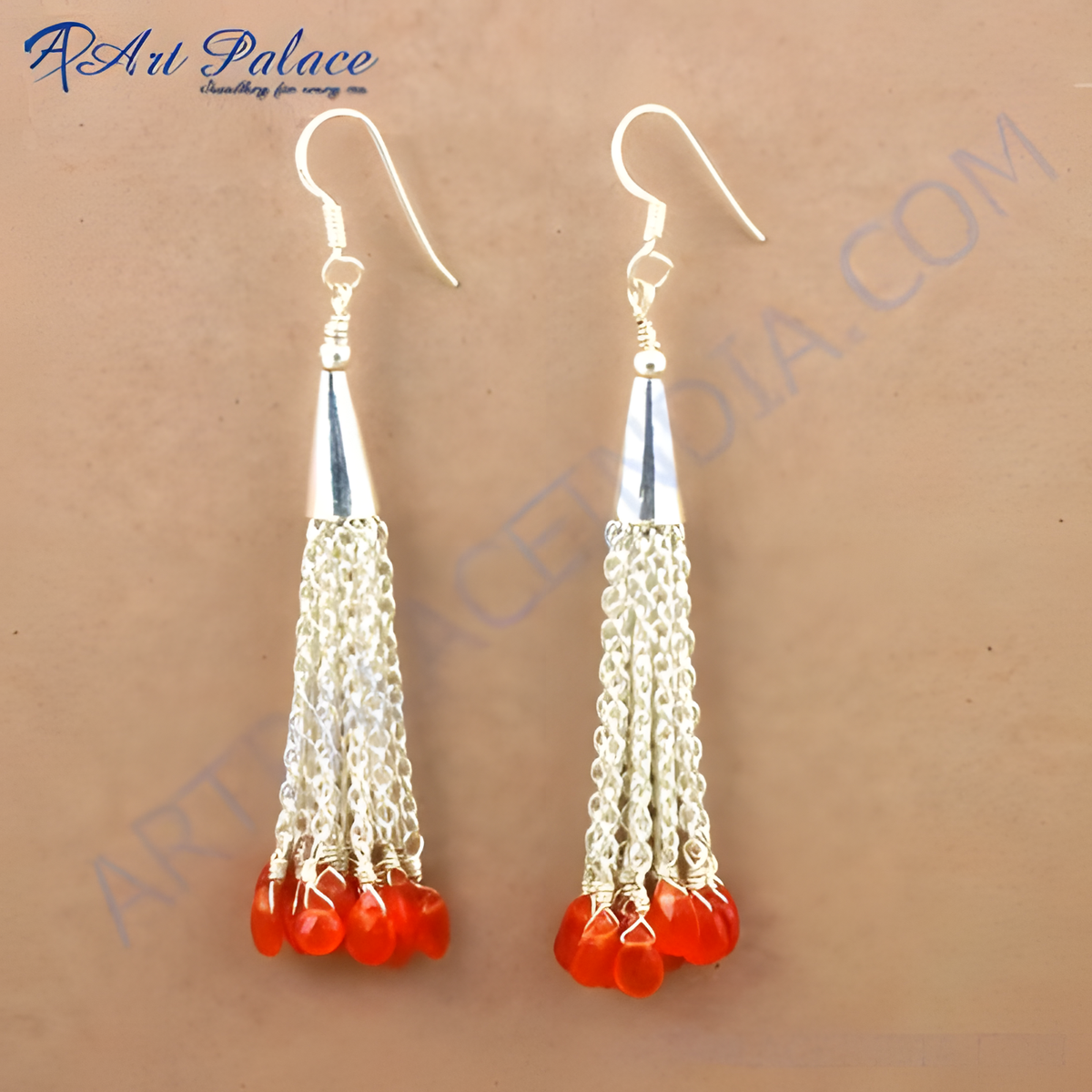 925 sterling silver dangle earrings featuring chain tassels and orange gemstones