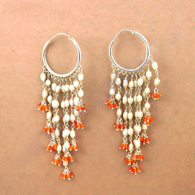 925 Silver Pearl & Red Gemstone Dangle Earrings | For Women