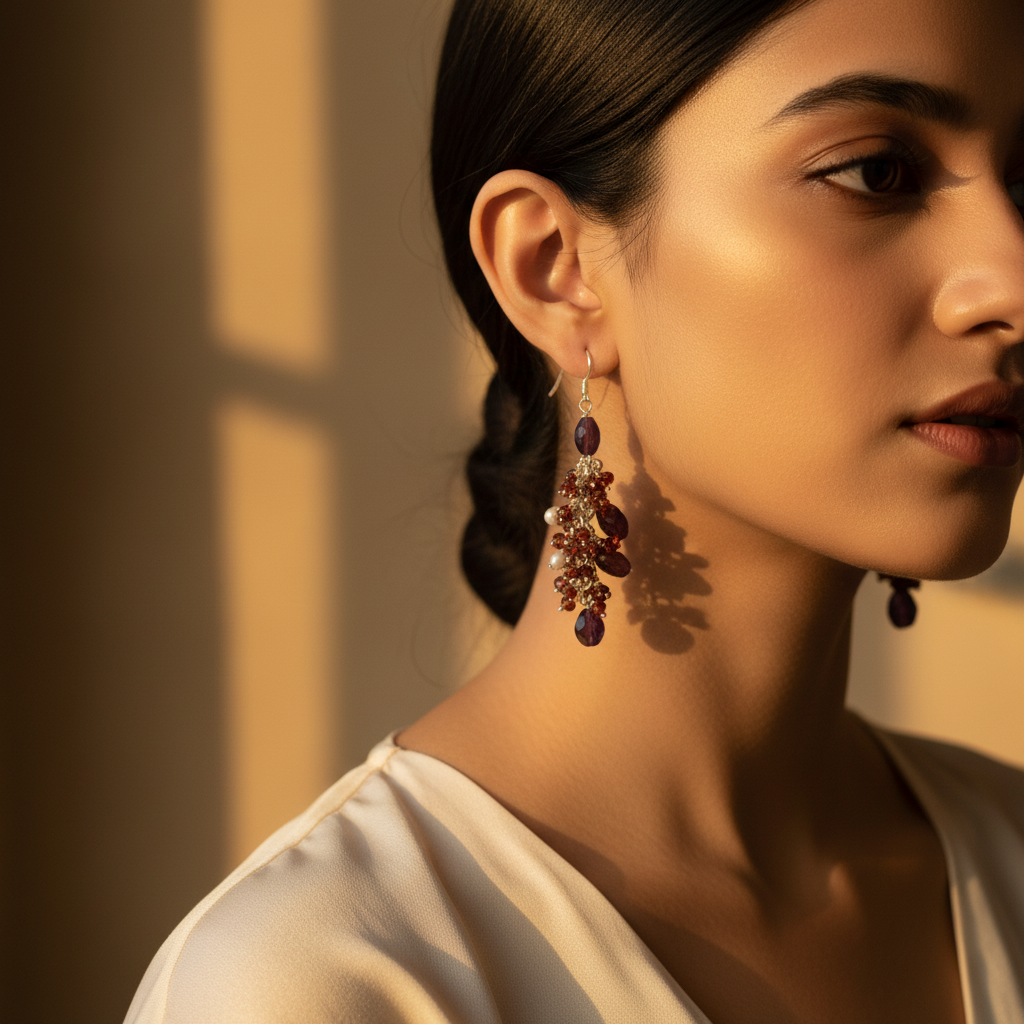 Garnet Cluster Dangle Earrings | 925 Silver | For Women