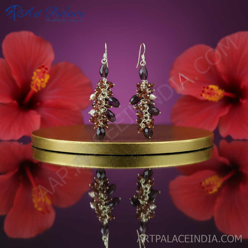 Garnet cluster dangle earrings | 925 silver | for women