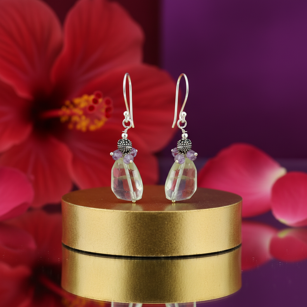 925 Silver Green Quartz & Amethyst Earrings for Women