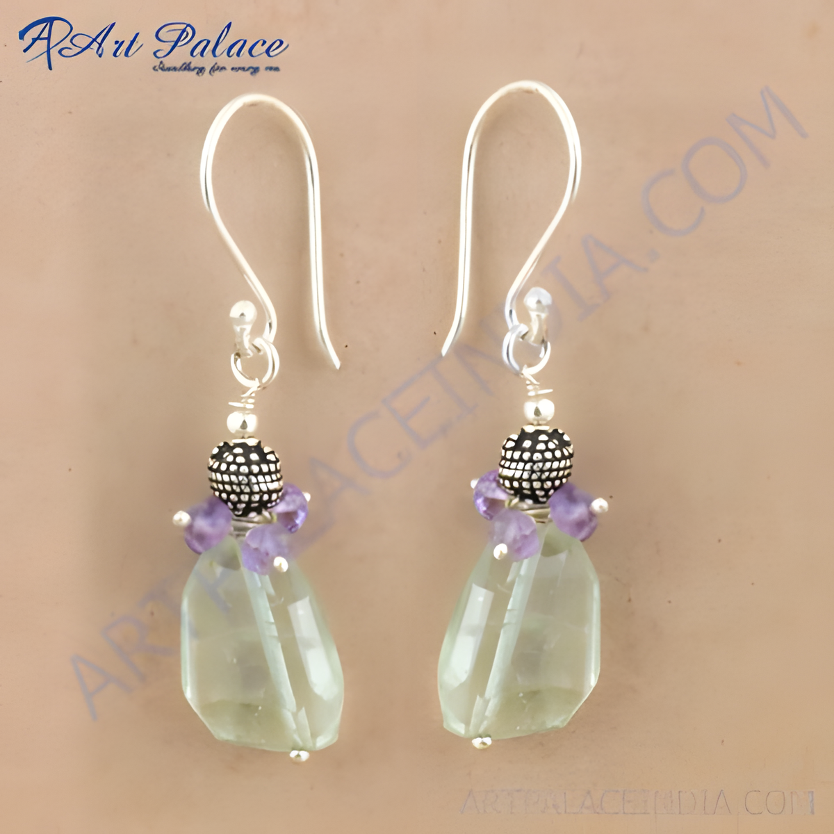925 sterling silver dangle earrings with green quartz and amethyst gemstones