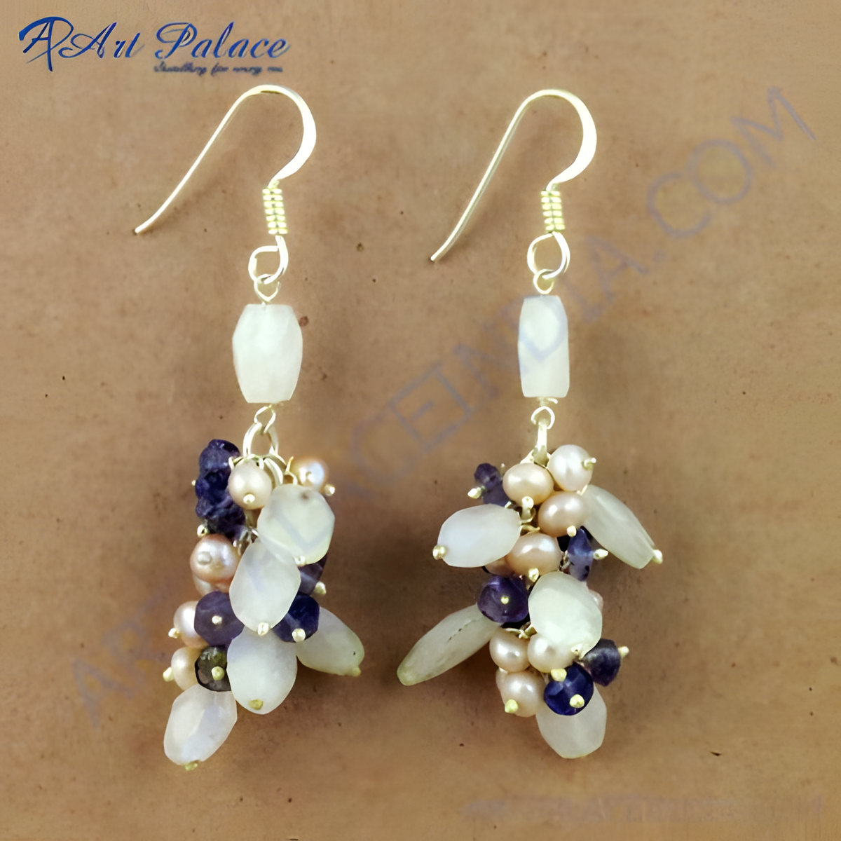 Silver dangle earrings with white gemstones, purple and light pink pearls and hanging hook