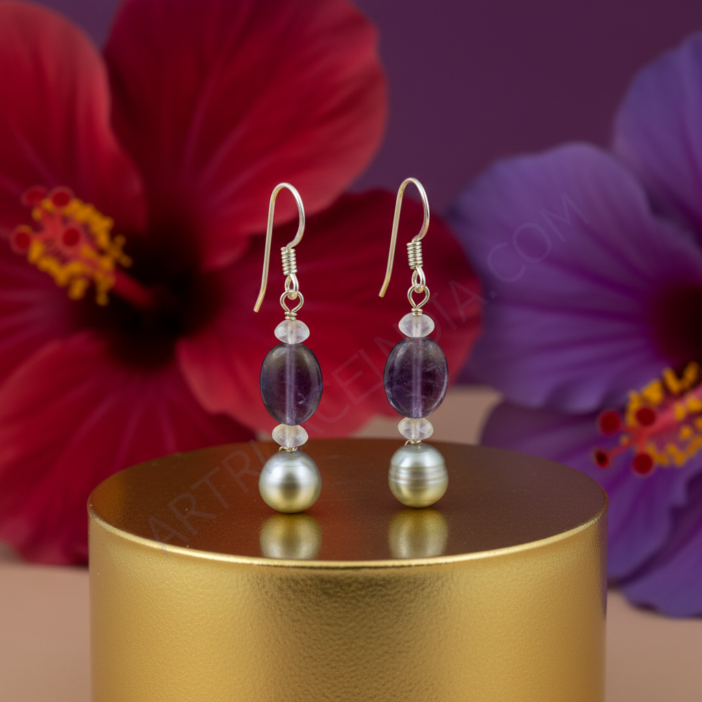 Silver Amethyst & Pearl Drop Earrings for Women | Gemstone Jewelry