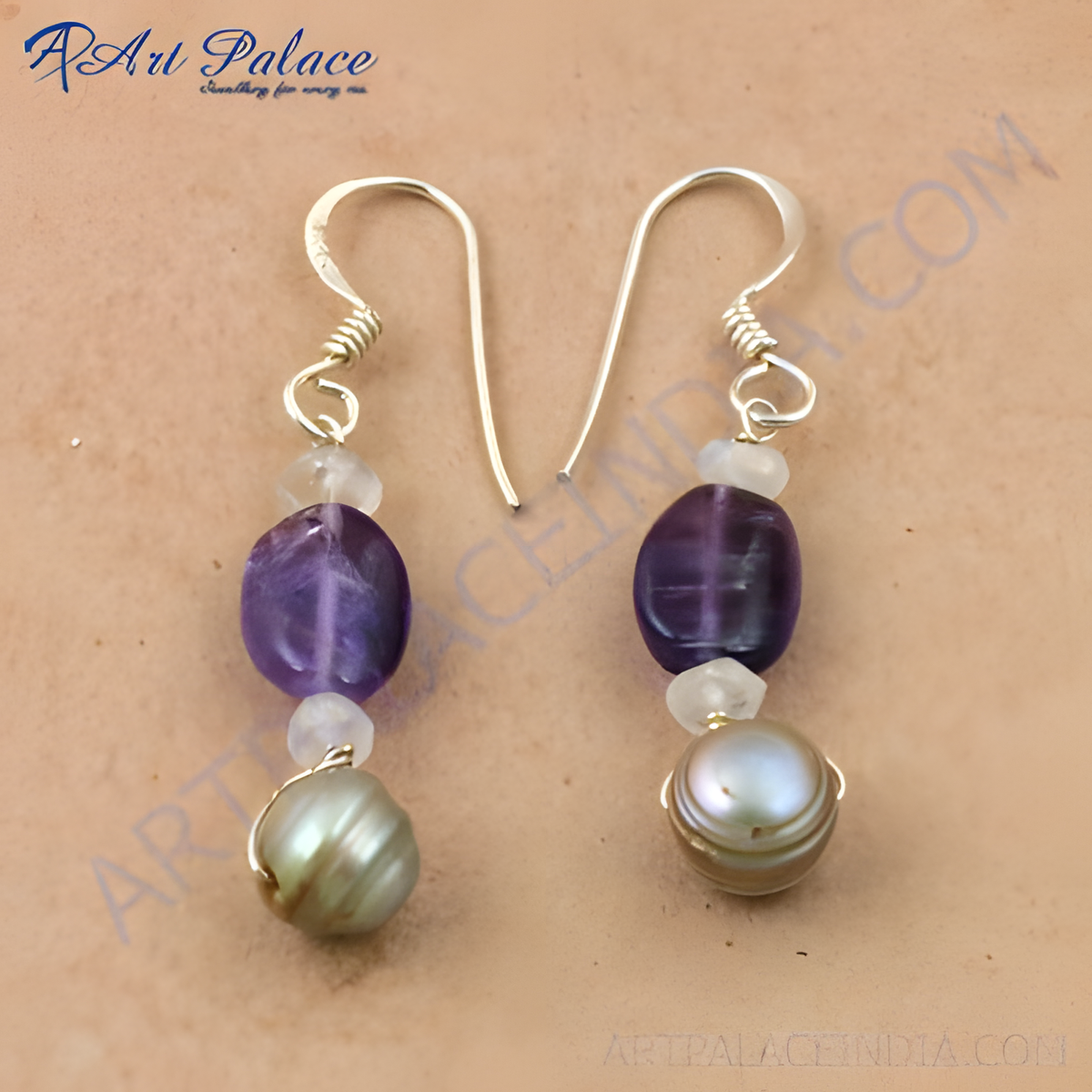 Silver drop earrings featuring amethyst and pearl gemstones, elegant jewelry for women