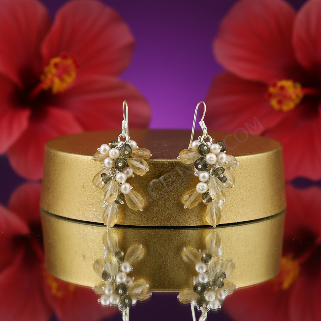 Citrine & Pearl Cluster Drop Earrings | 925 Silver Jewelry