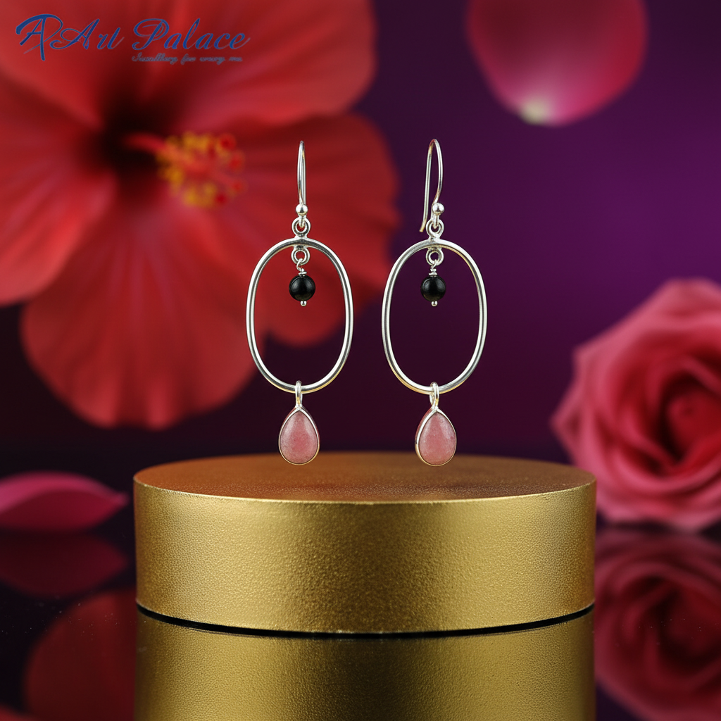 925 Silver Pink Gemstone Oval Drop Earrings for Women
