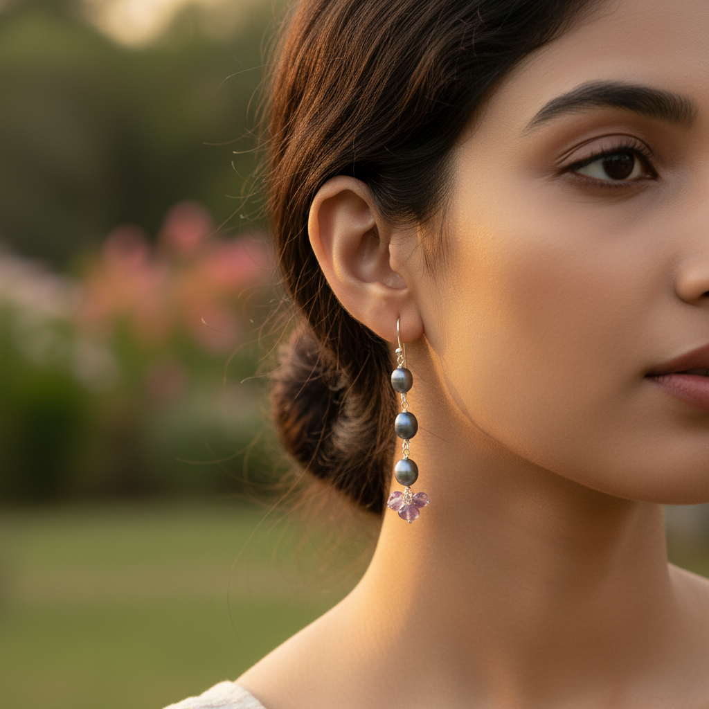 925 Silver Pearl & Amethyst Drop Earrings for Women | Gift