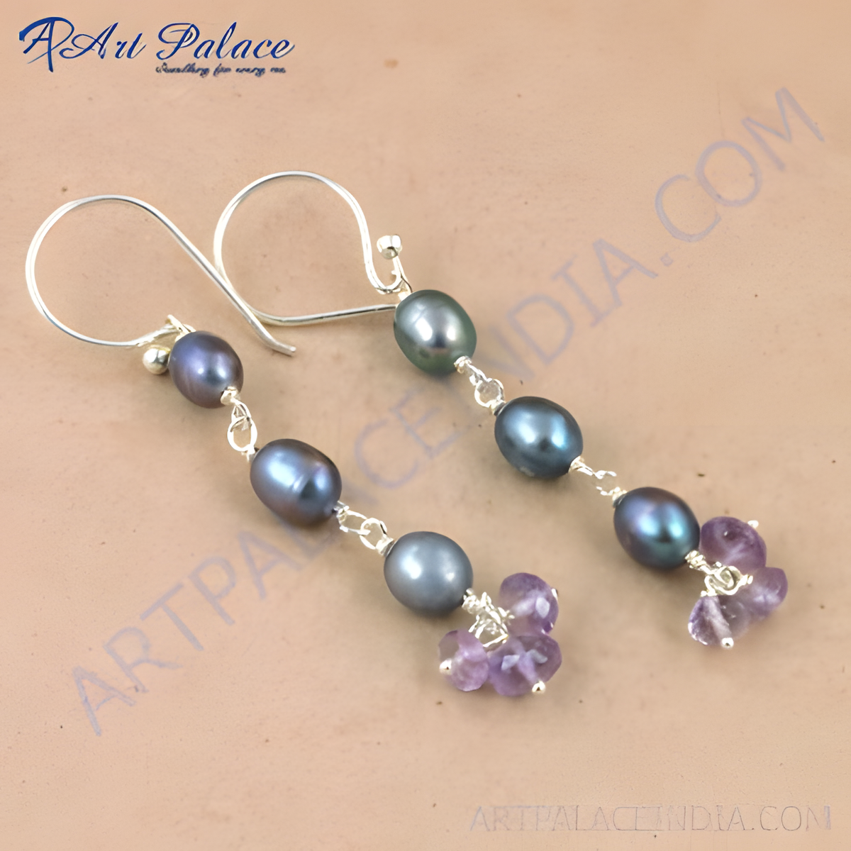 925 sterling silver drop earrings featuring grey pearls and clustered purple amethyst gemstones