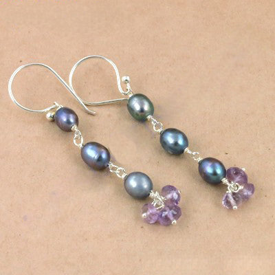 925 Silver Pearl & Amethyst Drop Earrings for Women | Gift