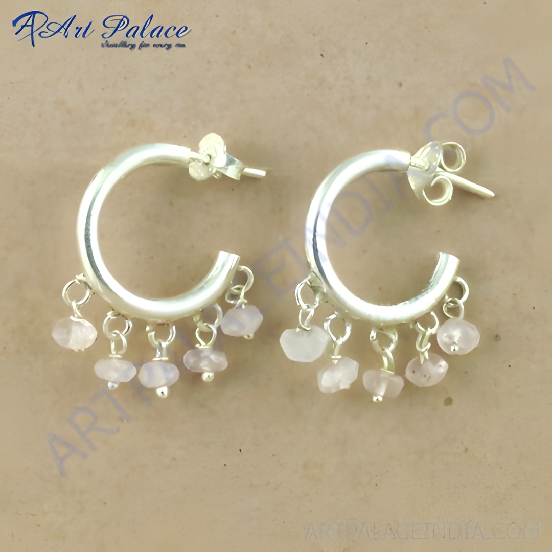 925 sterling silver hoop earrings with dangling rose quartz gemstones in light pink color.