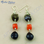 Load image into Gallery viewer, Silver drop earrings featuring black teardrop, orange cube, and olive-green gemstones, perfect for any occasion.
