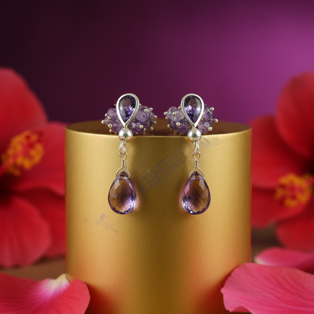 Amethyst Drop Earrings | 925 Silver Cluster Earrings for Women