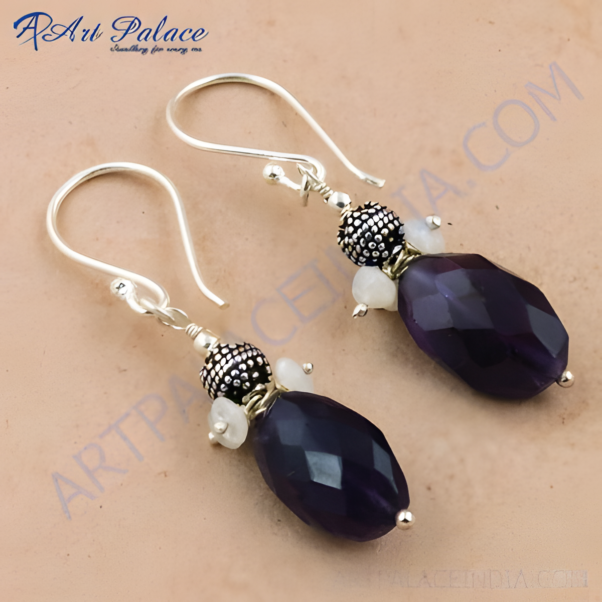 925 sterling silver drop earrings with faceted purple amethyst gemstones and moonstone accents