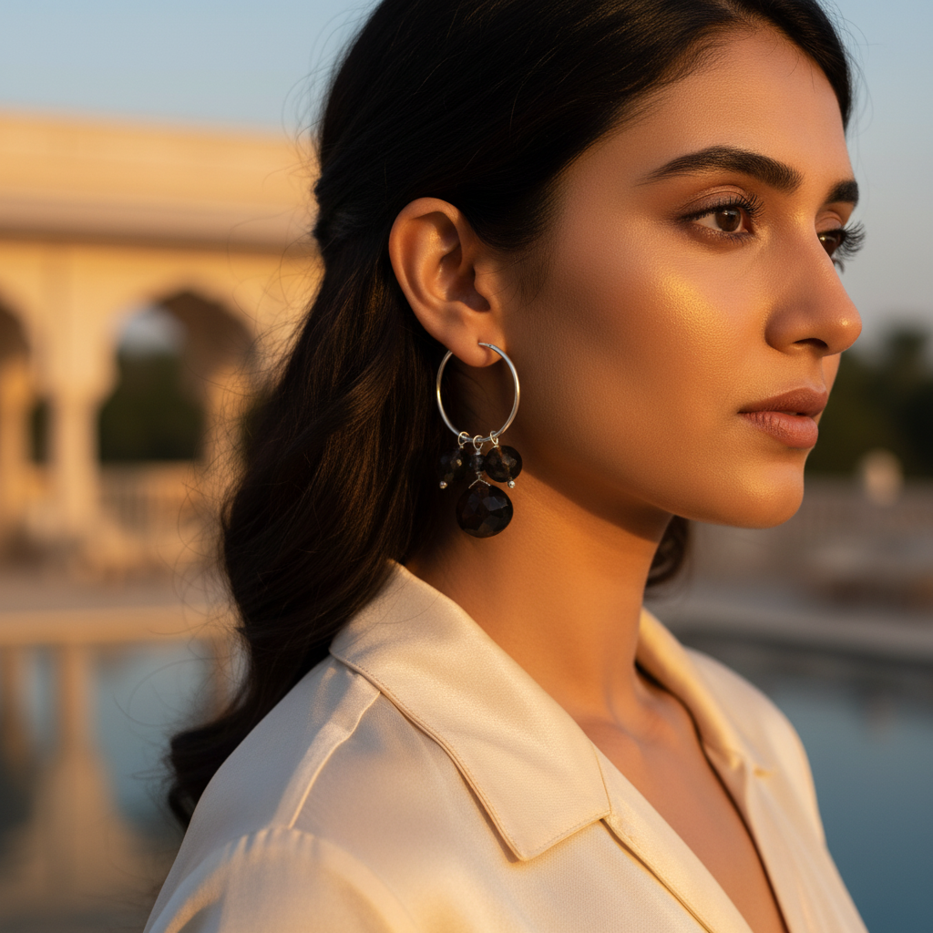 925 Silver Hoop Earrings with Black Gemstone Dangles for Women