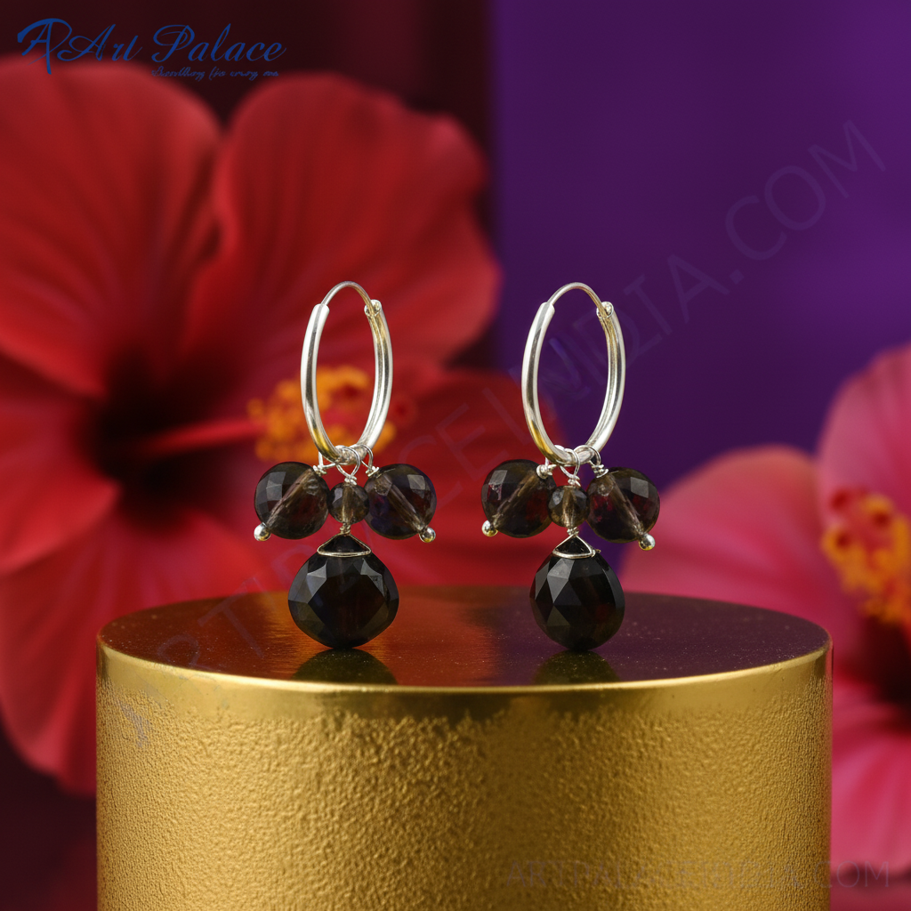 925 Silver Hoop Earrings with Black Gemstone Dangles for Women