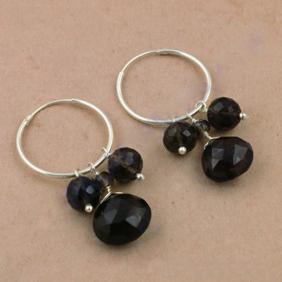 925 Silver Hoop Earrings with Black Gemstone Dangles for Women