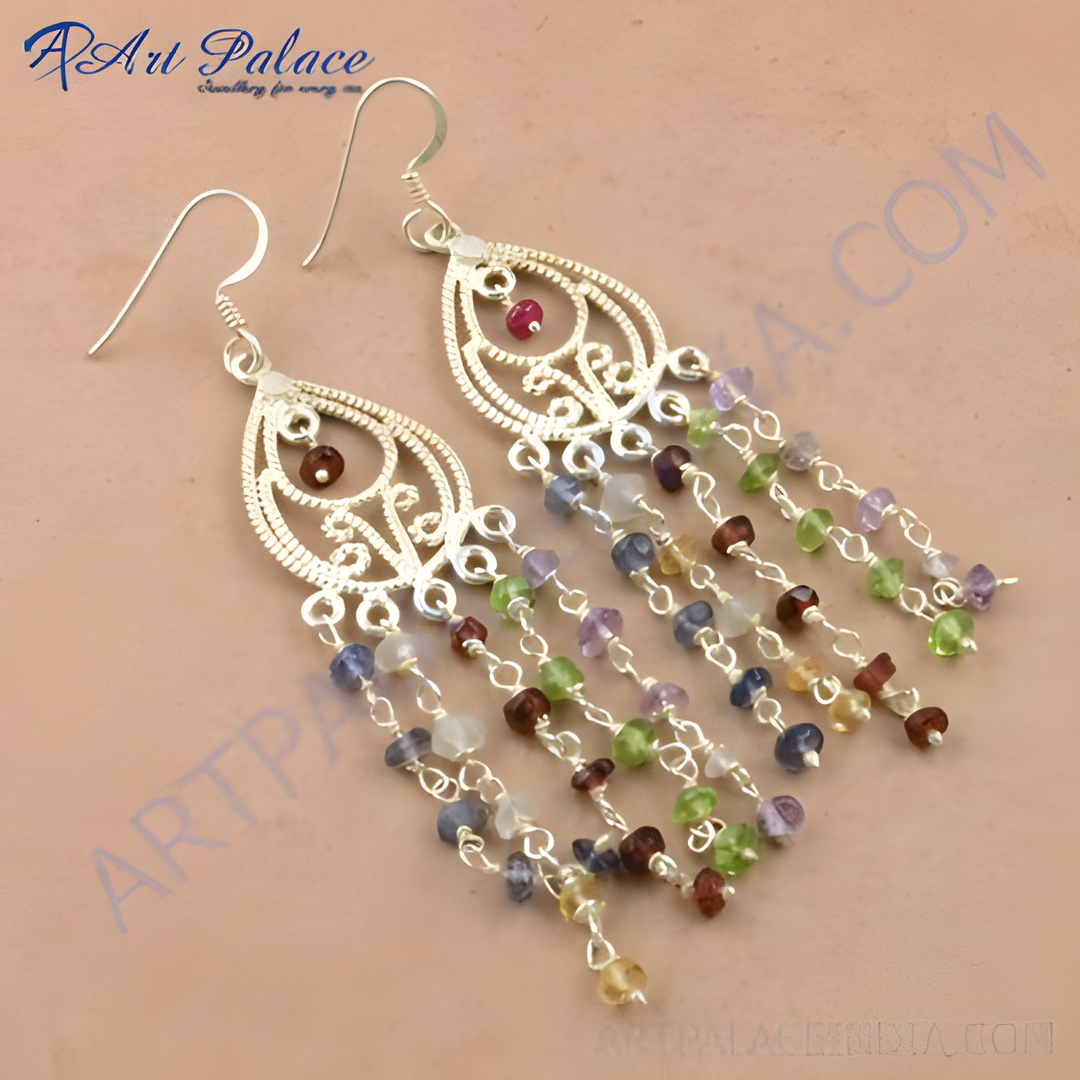 925 sterling silver chandelier earrings with multi-colored gemstone dangles