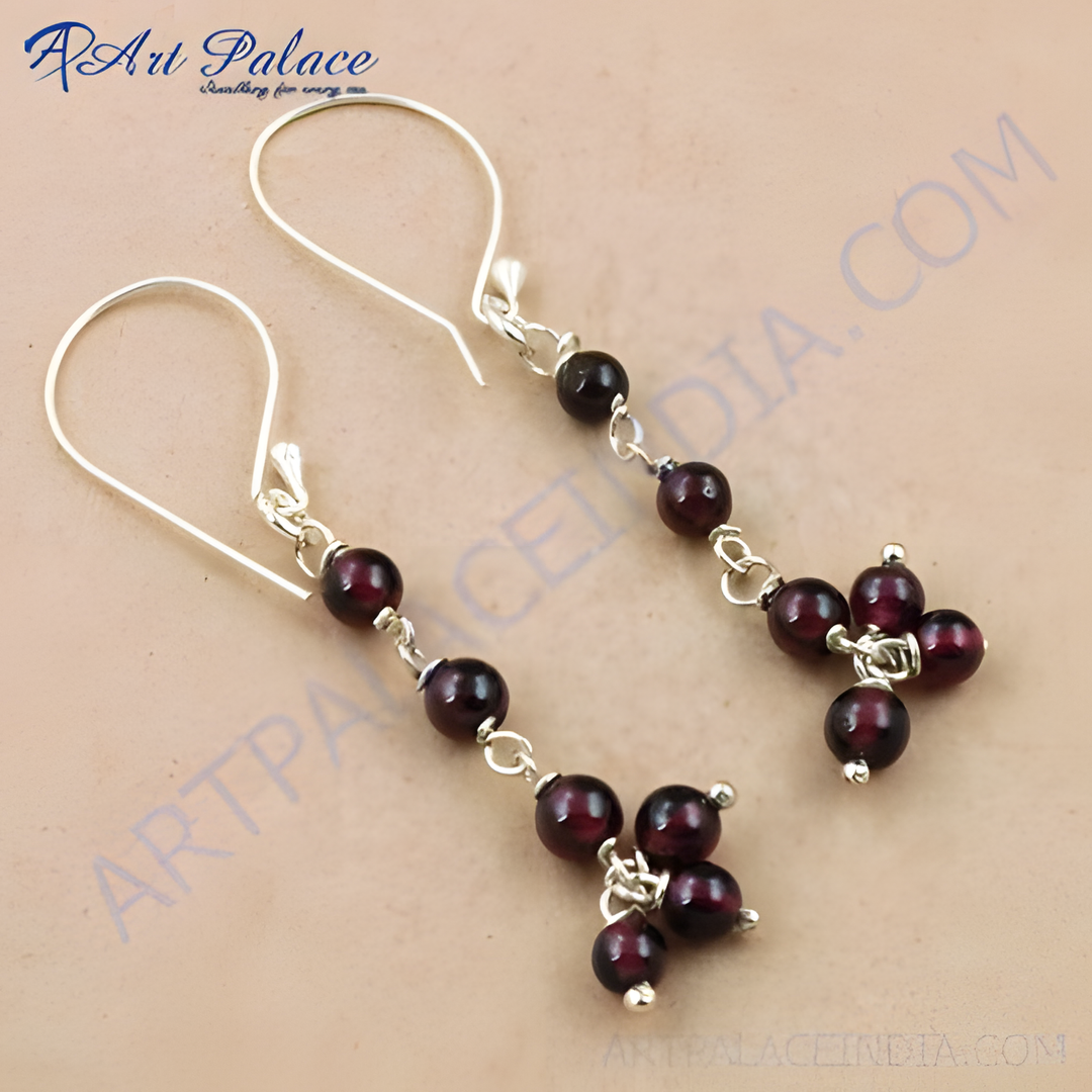 925 sterling silver drop earrings with dark red garnet gemstones and silver hooks
