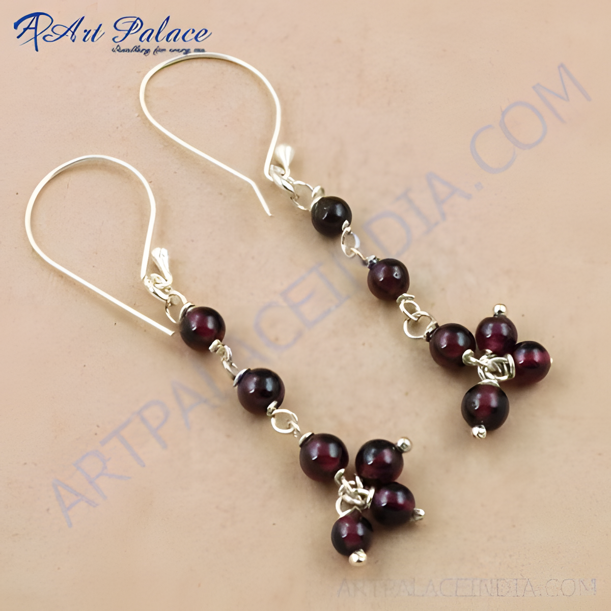 925 sterling silver drop earrings with dark red garnet gemstones and silver hooks