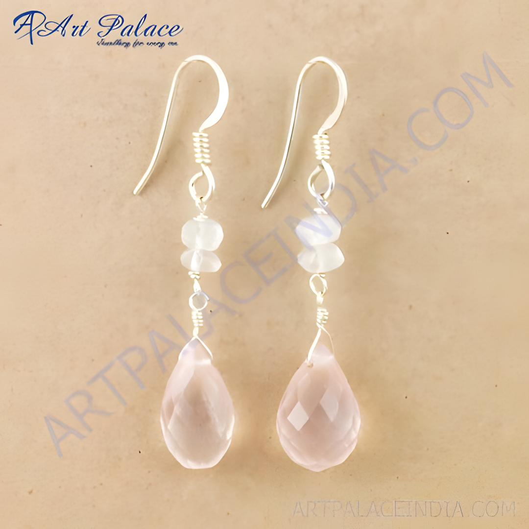 925 sterling silver drop earrings with faceted pink rose quartz gemstones, ideal for daily wear.