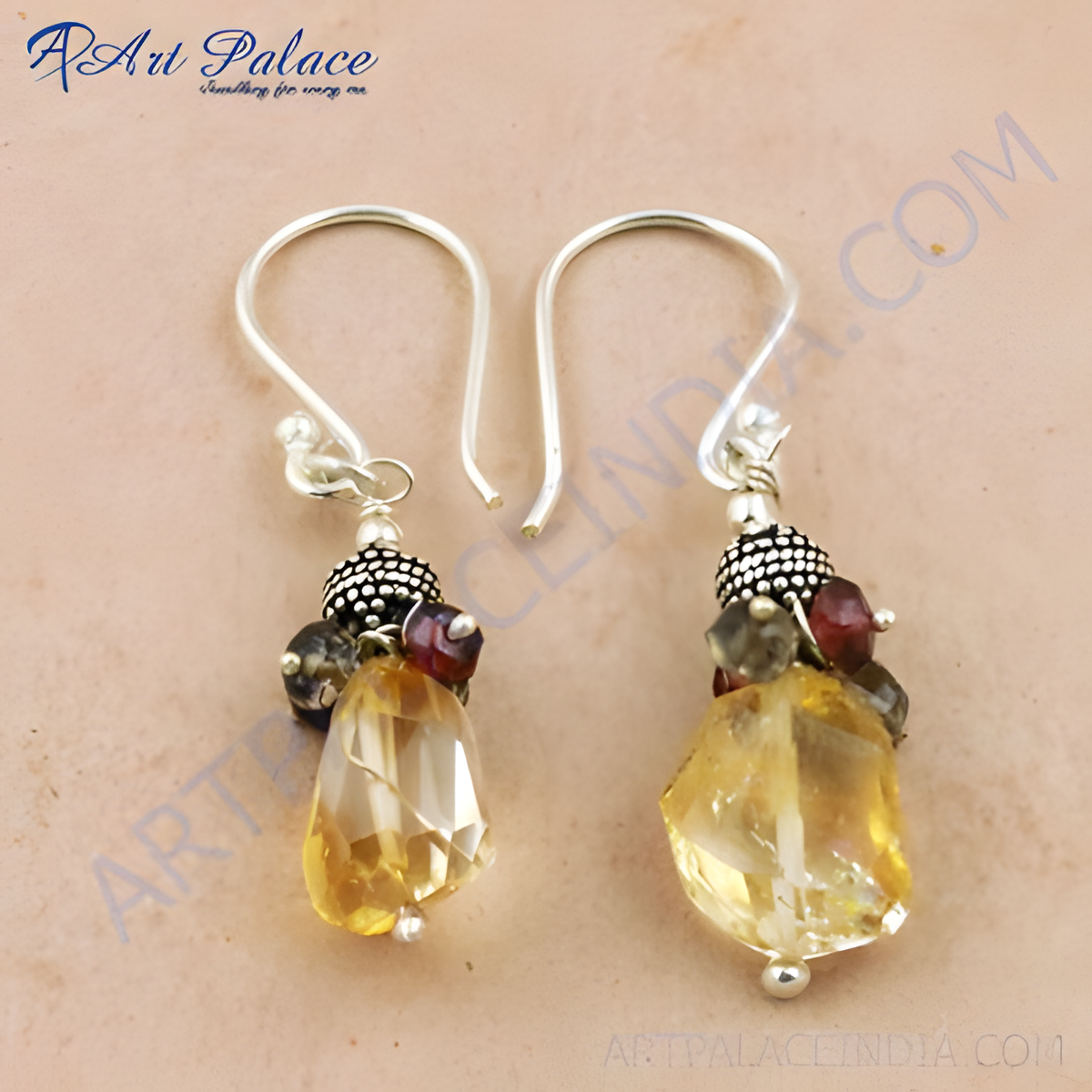 925 sterling silver dangle earrings with citrine and other gemstones in yellow, red, and grey