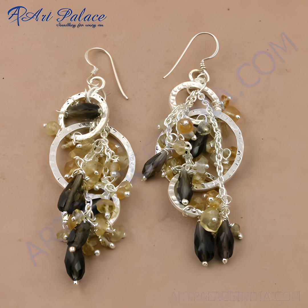 Sterling silver dangle earrings with brown and yellow gemstones, perfect for women. A unique jewelry design.