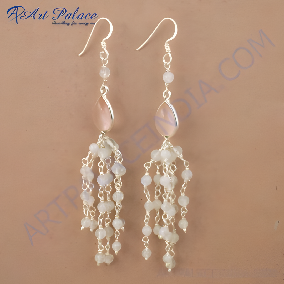925 sterling silver chandelier earrings with moonstone beads and pear-shaped accents.