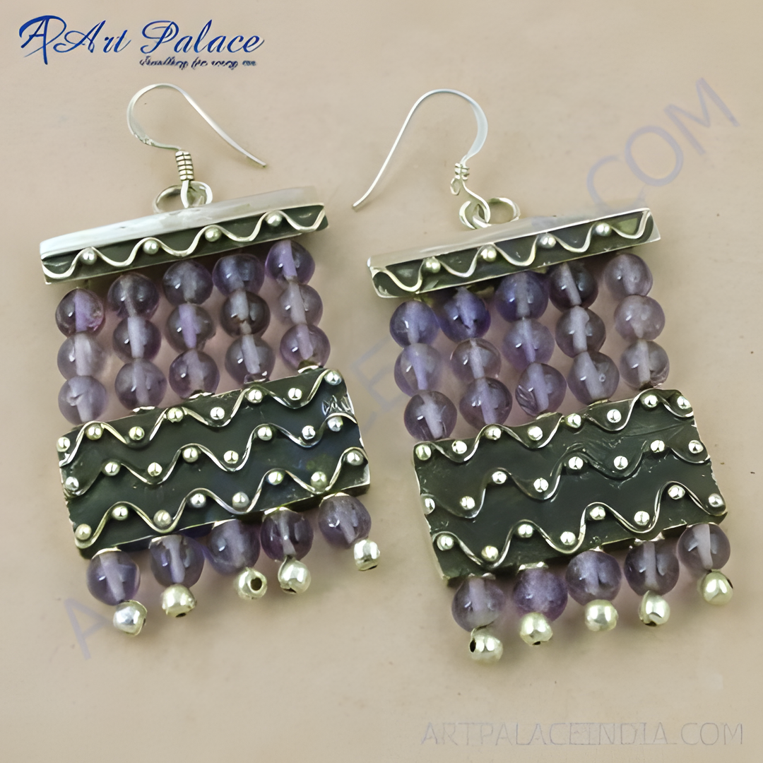 925 sterling silver drop earrings with amethyst gemstones, purple color, dangle style