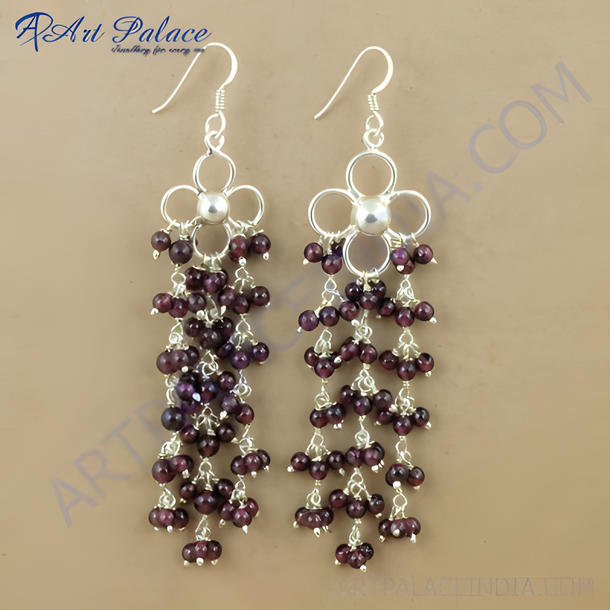 925 sterling silver drop earrings with dark red garnet gemstones and flower design