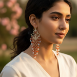 Load image into Gallery viewer, Silver Dangle Earrings with Red &amp; Moonstone Beads | Chandelier Earrings
